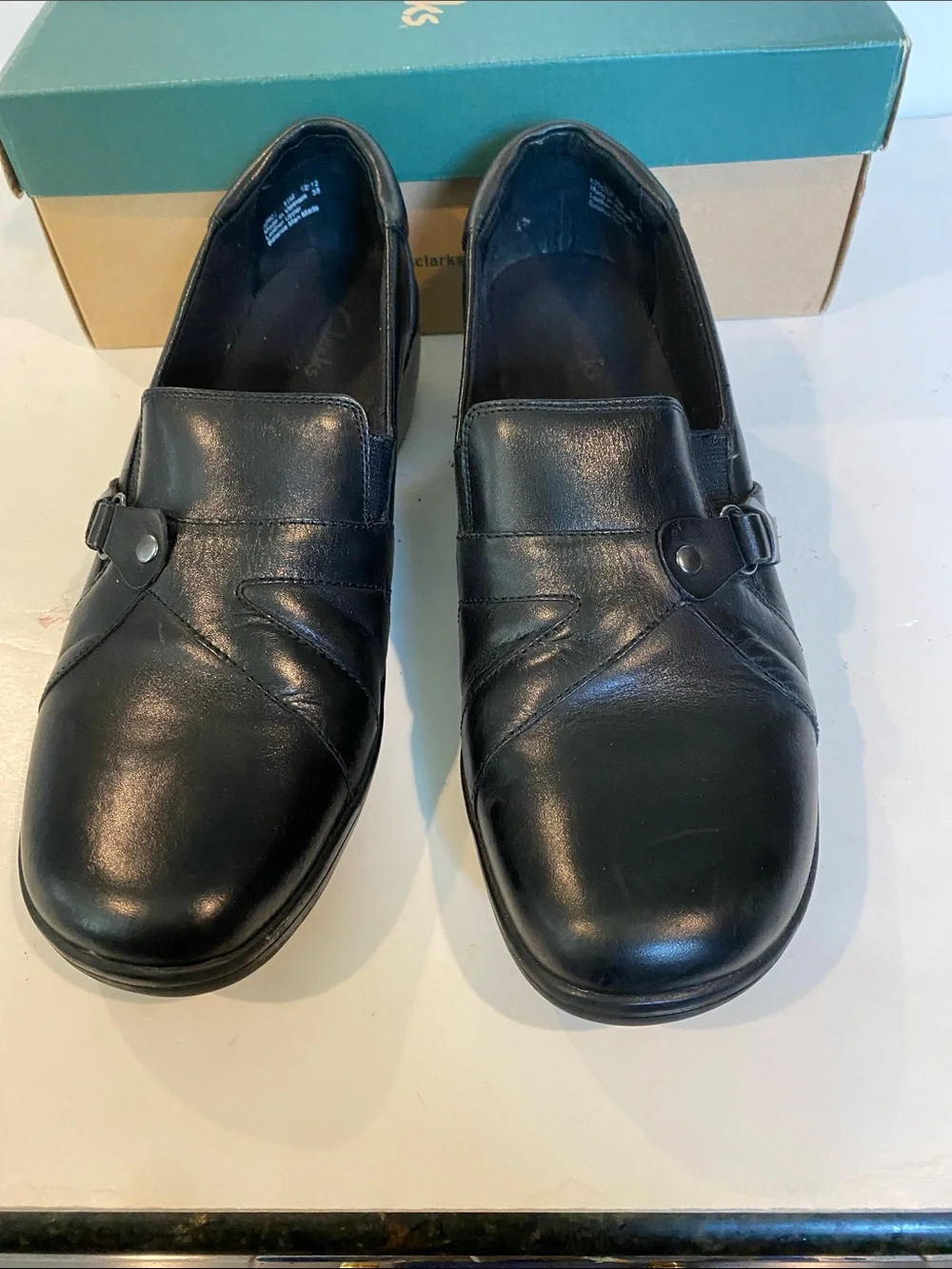 Clarks Leather May Marigold Black Slip-on Wedge Loafer